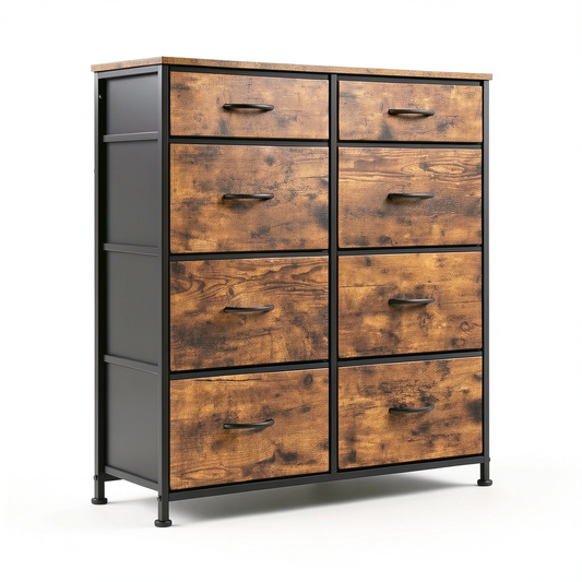Cassettiera Vintage in Tessuto con 8 Cassetti e Struttura in Metallo, per Camera e Soggiorno, 86x30x89 cm, Marrone e Nero