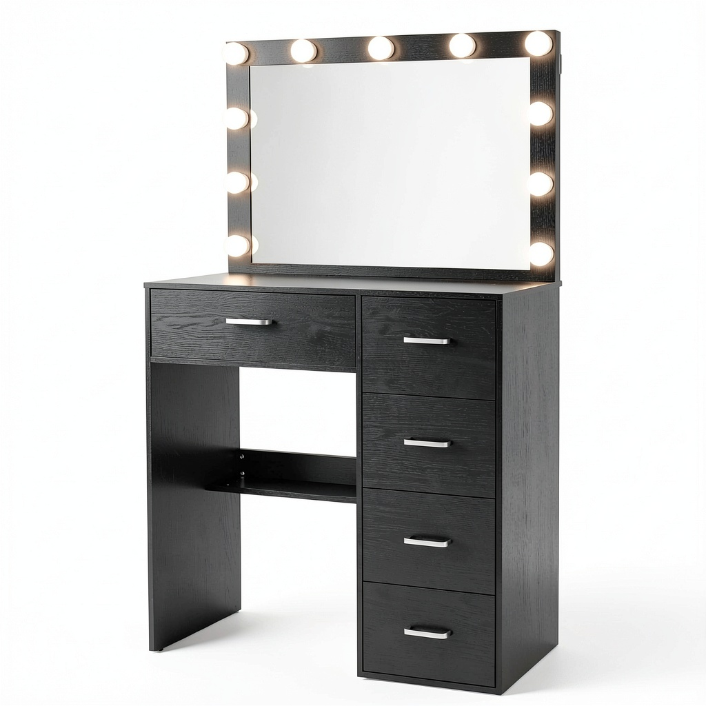 Tavolo da trucco nero con specchio LED regolabile, 3 tonalità di luce, stile moderno