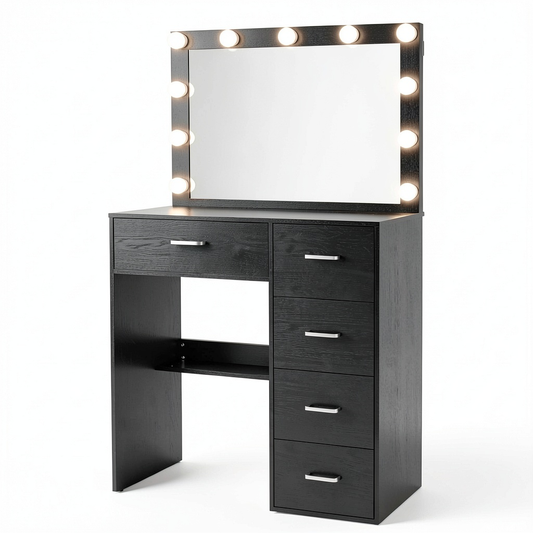 Tavolo da trucco nero con specchio LED regolabile, 3 tonalità di luce, stile moderno