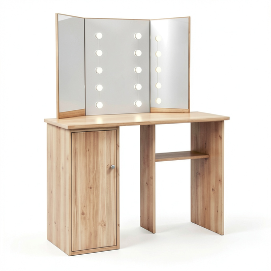 Tavolo da Toeletta Angolare con Specchio LED, Rovere, 111x54x141,5 cm